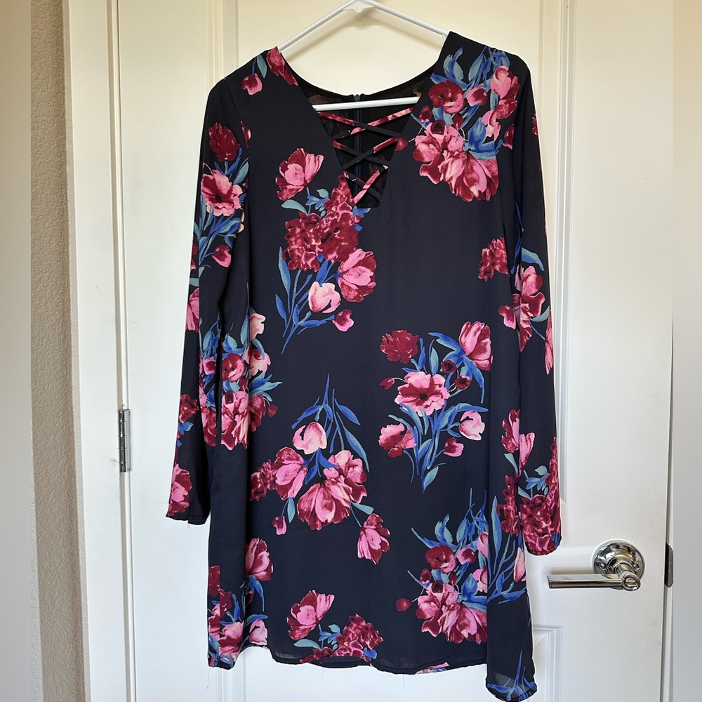 Navy floral long sleeve dress - Sz S